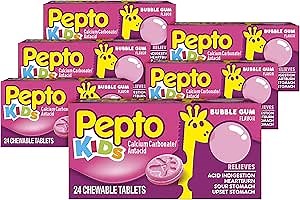 Pepto Kid's Chewable Tablets for Heartburn, Bubblegum Flavor, 24 Count (6 Pack)
