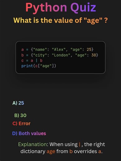 Python Quiz: Merging Dictionaries #python #coding #tips #tipsandtricks #learning