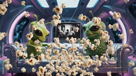 Two green aliens sit on a silver sofa in a spaceship as popcorn explodes from a retro television. Vibrant neon lighting illuminates the 3D animated characters and futuristic interior.