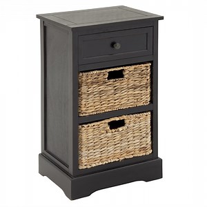 DecMode 16" x 28" Black Wood 1 Drawer Storage Unit with 2 Wicker Basket Drawers, 1-Piece