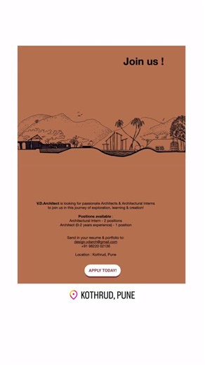 Architecture | Interior | BIM Jobs & Interships In Pune on Instagram: "📍Location - Kothrud, Pune ♻️Follow us for daily hiring Jobs!! ✔️Firm Name - @design.vdarch 🌐Contact Details mentioned in the post ✅Save For Later💯 . . . Follow @archi_jobs_pune to get a daily job hiring post!! . . . #Job #pune #Intern #punearchitects #puneinteriordesigners #hiringarchitects Job, Pune, Intern, Hiring, Architect, Architecture, Interior Design, Pune Jobs, Design Jobs, Archi Jobs, Archi Jo