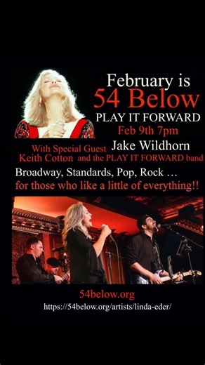 Frank Wildhorn on Instagram: "Linda Eder & special guest Jake Wildhorn at 54 Below on February 9th 🌟Experience your favorites + rare live performances with Linda and Jake together 🎤 Pay it Forward is Back By Audience Demand 👍🏼 Tickets still available at 54 Below NYC🎫 👇🏼Let me know if you’ll be there!! @linda.eder.792 @jakewildhorn @54Below @FrankWildhorn"