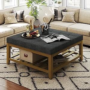 Large Square Ottoman Coffee Table, Linen Solid Upholstered Footrest Ottoman with Solid Wood Shelf Storage Tufted Coffee Table for Bedroom Living Room, Dark Gray