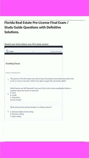 Florida Real Estate Pre License Final Exam Study Guide Questions With Definitive Solutions pdf