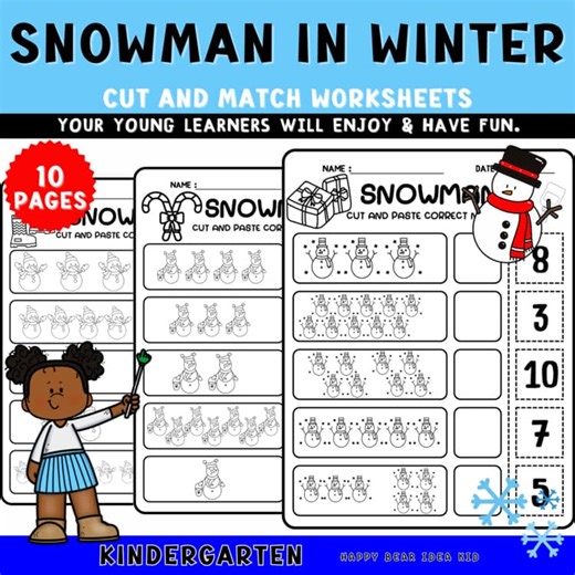 Snowman in Winter Cut and Match to 10 Printables Math Worksheets Kindergarten