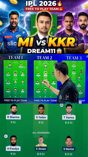 MI vs KKR Dream11 Team 🔥 Aaj Ka Best Pick 😳 #ipl2026 #mivskkr #shorts
