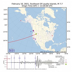 Watch the waves from the M7.7 Loyalty Islands earthquake roll across seismic stations in North America. This animation, called a Ground Motion Visualization (GMV), shows the motion of the ground as detected on seismometers across North America - each dot is a seismic station and when the ground moves up it turns red and when it moves down it turns blue. Waves generated by an earthquake travel around and through the earth, but they get smaller (attenuate) as they move away from the earthquake loc