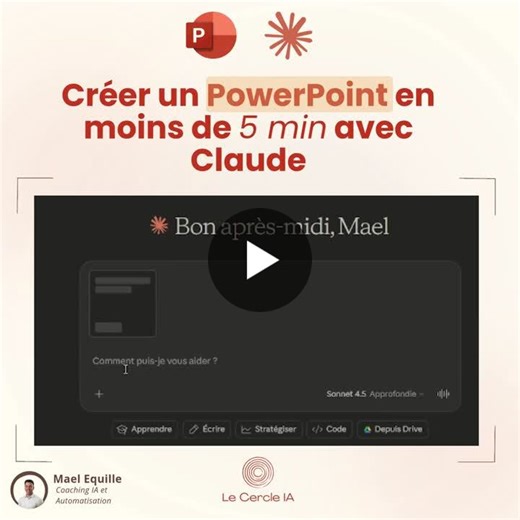 ARRÊTE de perdre 2h à créer tes PowerPoint Claude génère maintenant des présentations complètes. Visuels inclus. En 5 minutes. 👇 Tu veux créer une présentation ? Avant, tu avais deux options… | Mael Equille | 52 commentaires