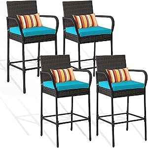 Sundale Outdoor Wicker Bar Stools Set of 4, 30 Inch Seat Height Rattan Barstools with Back, Patio Tall Counter Chair with Arms & Blue Cushions, Outside All-Weather High Pub Stools- Steel, Grey