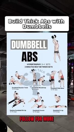 Gym_Talk7 on Instagram: "Build thick, strong abs using dumbbells with this structured hypertrophy-focused core workout 💪🔥 Designed to add resistance, improve core strength, and develop deeper abdominal definition through controlled, intentional movement. DUMBBELL ABS HYPERTROPHY 📌 3–4 sets 📌 12–15 reps per exercise ⏱️ 2 minutes rest between sets Workout Lineup 🏋️ Dumbbell Russian Twist 🏋️ Dumbbell Woodchop 🏋️ Dumbbell Side Bend 🏋️ Decline Dumbbell Sit-Up 🏋️ Dumbbell Crunch 🏋️ Dumbbell 