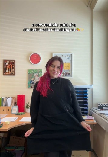 ootd while student teaching art subjects! today i taught the students about printmaking and they made their first prints!! :) my hair is a mess, the classroom is a mess but at least their artworks came out great 🥰 #artteacher #teacherstudent #artstudent #printmaking