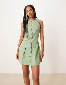 ASOS DESIGN slash neck button down waistcoat mini sundress in sage | ASOS
