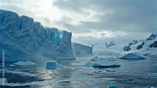 iceberg and glacier meet over ice shelf. ocean and water ripple under gray sky and cloud. reflection ripples across surface near berg and icefield. crevasse and meltwater pool along ice shelf edge.