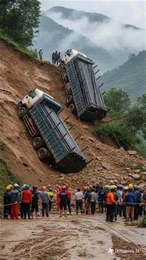 A thrilling moment from a truck rescue operation at a landslide site after heavy rain. #truckrescue