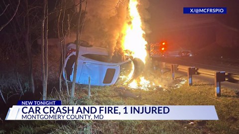 MCFRS: One hospitalized after car overturns, catches fire