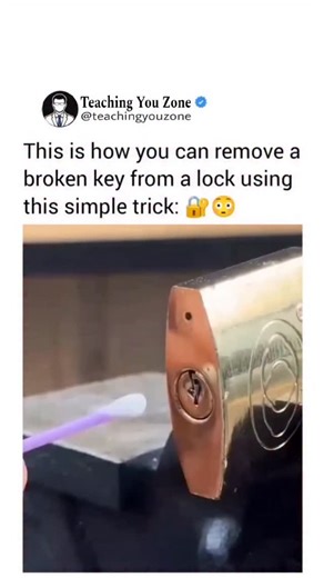 Teaching You Zone on Instagram: "Burn a cotton swab, touch the broken key-and pull it out like magic! 🔐😳 When a cotton swab is lit and allowed to burn for a few seconds, the melted plastic or softened cotton tip becomes sticky. While it's still hot and tacky (not flaming), gently press it against the visible end of the broken key inside the lock. As it cools, the melted material bonds to the metal surface of the key fragment. Once it hardens slightly, you can carefully pull the swab out, and t