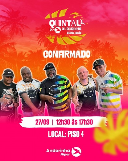 🎉 É oficial: Samba de Negrão está mais que confirmado no nosso Quintal do Andorinha! Prepare o coração e o samba no pé, porque no dia 27/09, o piso 4 vai virar um verdadeiro palco de alegria e boa energia. 👉 Evento gratuito, aberto ao público e com aquele clima que só o nosso quintal tem. Traga 1kg de alimento, troque pelo seu ingresso antecipado e venha curtir com a gente! 💙 #QuintalDoAndorinha #SambaDeNegrao #EventoGratuito #SeuLugarÚnico #AndorinhaHiperCenter #AmigoCliente | Andorinha Hipe