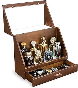 Miratino Cologne Organizer for Men, Wood Cologne Stand with Drawer, Large Capacity Cologne Shelf with Cologne Holder Display Large Storage Size15.6 * 11.8 * 6.1in