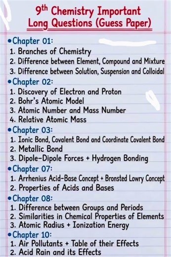 Class 9 Chemistry Guess Paper 2026 9th Class Chemistry long Questions guess 2026 Punjab Boards