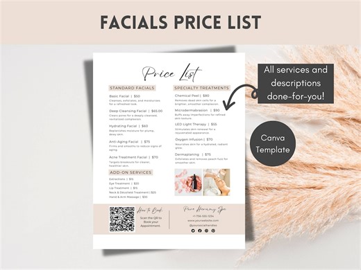 Esthetician Facial Price List Template: Salon Menu (canva) - Etsy