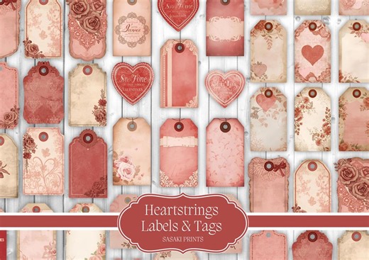Heartstrings Labels & Tags Printable – Valentine’s Day Vintage Ephemera, Romantic Tags, Labels for Junk Journal, Scrapbooking, DIY, Craft - Etsy