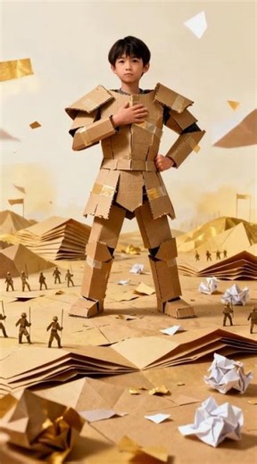 A person wearing cardboard armor, standing triumphantly on a paper battlefield.