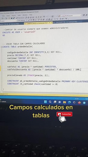 Agregar campos calculados en tablas de #sqlserver, para aprender mas. SUSCRIBETE A NUESTRO CANAL DE YOUTUBE. #cursosonline #course #sql #basededatos #cursogratis #informatica