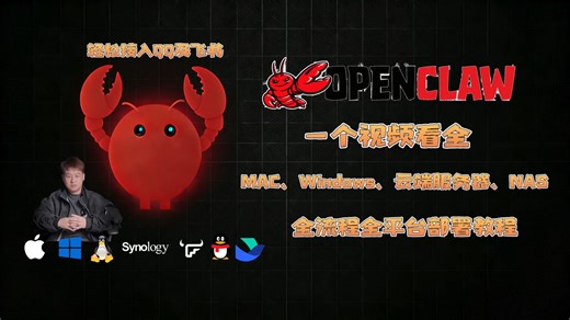 一个视频看全，巨饱和全平台养“龙虾”OpenClaw手把手本地MAC、Windows、云端服务器、NAS的群晖飞牛超细节安装教程及接入飞书QQ