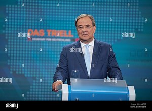Berlin, Germany. 29th Aug, 2021. CDU candidate for chancellor Armin Laschet stands before the discussion in the studio in Berlin-Adlershof. The chancellor candidates of Bündnis 90/Grüne, CDU and SPD, - Baerbock, Laschet, Scholz meet in a first TV discussion on RTL and ntv. Credit: Michael Kappeler/dpa Pool/dpa/Alamy Live News Stock Photo - Alamy