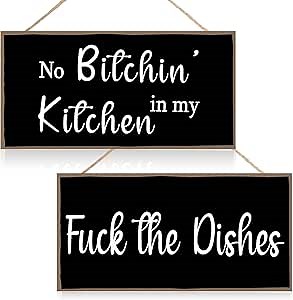 Jetec 2 Pieces Funny Kitchen Signs the Dishes Hanging Wall Art Decoration No Bitchin in My Kitchen Rustic Wooden Wall Signs Decorative Wood Home Decor, 10 x 5 Inch(Stylish)