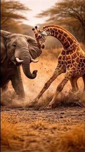 Epic Elephant vs Giraffe Battle in the Savanna