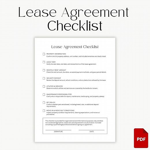 📄✅ Lease Agreement Checklist Printable PDF