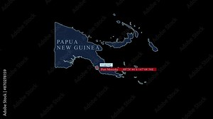 Blue stylized Papua New Guinea map with Port Moresby capital city and geographic coordinates on black background. Motion graphic vfx digital animation