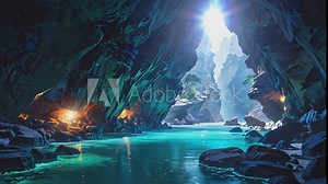 The video shows a narrow cave opening with bright blue water and a bright light shining through the opening. There are dark rocky walls on both sides of the opening.