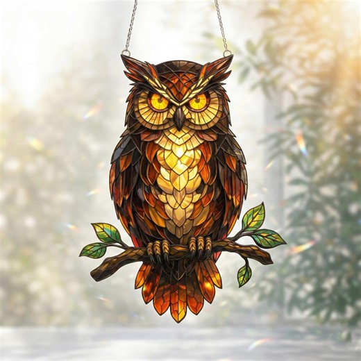 Owl Suncatcher Hologram Acrylic, Stained Glass Owl Window Decor, Nature Garden Sun Catcher, Owl Lover Gift Home Decor - Etsy