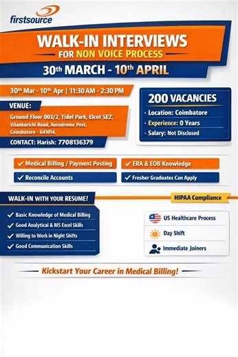 Firstsource Walk-in Interview 2026 | Non-Voice Process | Freshers | 200 Vacancies | Coimbatore #job