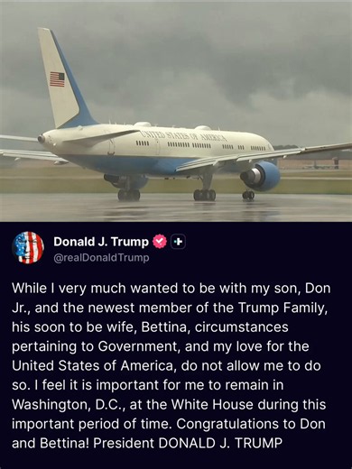 🚨 UPDATE: President Trump has abruptly CANCELED his trip to Trump National in Bedminster, NJ, and will be heading STRAIGHT BACK to the White House following a speech in New YorkIt's unclear why, but in a post about not attending Don Jr.'s wedding, 47 said "I feel it is important for me to remain in Washington, DC, at the White House during this important period of time"
