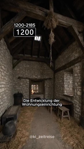 Die Entwicklung der Wohnungseinrichtung 🪑🔥 Fun Fact: Im Jahr 1261 waren offene Feuerstellen mitten im Raum völlig normal. Küchen, Wohnzimmer und Schlafzimmer waren oft ein einziger Raum! Kein WLAN, kein Sofa, aber dafür echtes Lagerfeuer-Feeling in den eigenen vier Wänden. ♥️ Folge @ki_zeitreise für mehr Zeitreisen durch die Geschichte! 🤝 #geschichte #zeitreise #wohnen #mittelalter #architektur #wissen #viral #fyp #ki_zeitreise | Ki.zeitreise