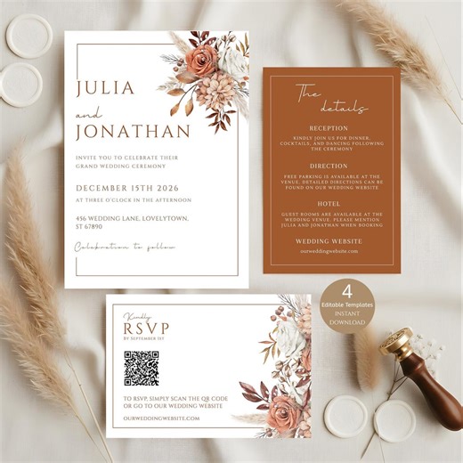 Fall Wedding Invitation Set, Wedding Invite Suit, Terracotta Wedding Invites, Boho Wedding Invite, Burnt Orange Invite, Rustic Wedding Set - Etsy