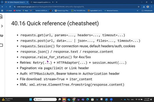 PBwEJD 40: Python Requests Library for Interacting with Web APIs Learn how to interact with web APIs in Python using the requests library and modern async clients. This video covers the essentials of GET and POST requests, handling JSON and XML data, authentication with API keys and tokens, managing sessions, and dealing with errors, retries, and pagination. We also walk through real-world API examples like the GitHub REST API and OpenWeather, with clean, runnable code cells for teaching and pra