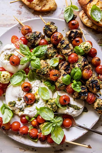 Grilled Caprese Pesto Chicken Skewers.
