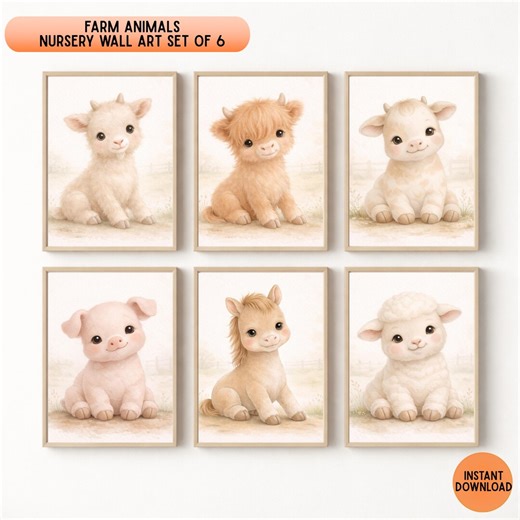 Farm Animals Nursery Wall Art Set of 6, Baby Farm Animal Prints, Cow Pig Sheep Horse Goat Highland Cow, Kids Room Printable Download - Etsy