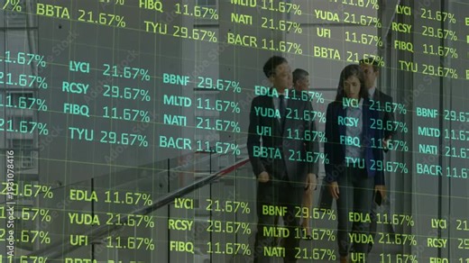 Finance team leaving meeting and descending stairway behind glass, ticker updating as group passes