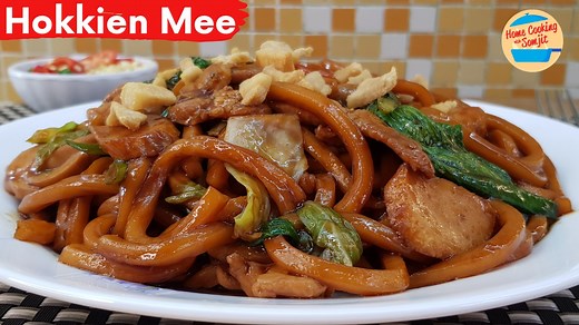 Delicious Hokkien Mee Recipe Hokkien Mee is one of my favourite dishes to have for dinner. It's savoury and rich from the pork oils and fats, and sweet from the caramelized home-made seasonings. So yummy! Serves 6-8. Enjoy! Ingredients ↓ Hokkien Mee Recipe Ingredients: 515g of thick yellow noodles 200g of choy sum, washed and cleaned, with stems and leaves separated 200g of cabbage, cut into 2 inches squares 500ml of water 200g of boneless chicken 200g of pork shoulder slices 100g of fish cake, 
