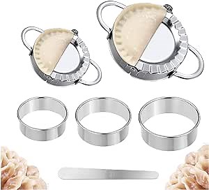 Dumplings Maker, 2pcs Stainless Steel Dumpling Maker and 3pcs Dough Ravioli Skin Press Cutter, 1pcs Stuffing Spoon-Empanadas Press Pie Maker Chinese Dumpling Pierogi Cutter Wrappers Pastry Making Tool