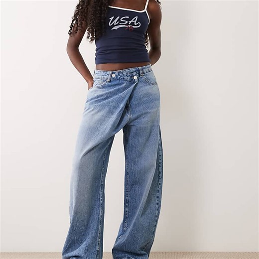 ASOS DESIGN wrap waist barrel jean in mid blue | ASOS