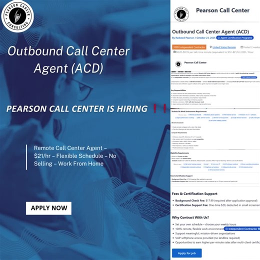 Outbound Call Center Agent (1099 Independent Contractor) 📌 🚨 Pearson Call Center is HIRING ❗❗ 📍 Location: Remote – U.S. 💼 Type: Contract (Independent Contractor) 💰 Pay: $0.20–$0.35 per talk-time minute (~$12–$21/hr depending on call volume) 📅 Hours: Minimum 20 talk-time hours per week 🌐 Apply Here:https://pearsoncallcenter.com/job/outbound-call-center-agent-acd/ Pearson Call Center is hiring Remote Outbound Call Center Agents (Independent Contractors) to represent public broadcasting, non