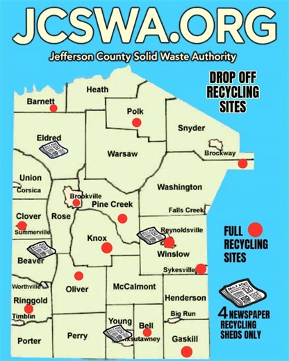Find recycling drop-off sites, curbside tips, and upcoming events in Jefferson County, PA. Recycle more, waste less, and keep our community clean & green! | Jefferson County Solid Waste Authority