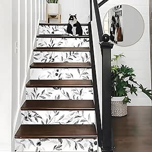 funlife 14pcs Hand Drawn Peel and Stick Vintage Line Art Floral Stair Riser Decals, Decorative Flower Stair Riser Stickers for Kitchen Living Room Home Decor, Black Grey Leaves 7.09"x39.37"