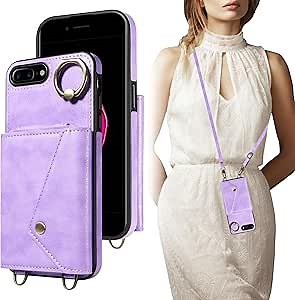 Crossbody Wallet Case for iPhone 8 Plus/iPhone 7 Plus with Card Holder, Leather Case with Long Shoulder Strap, Purse Shockproof Flip Cover for iPhone 8 Plus/iPhone 7 Plus (Purple)